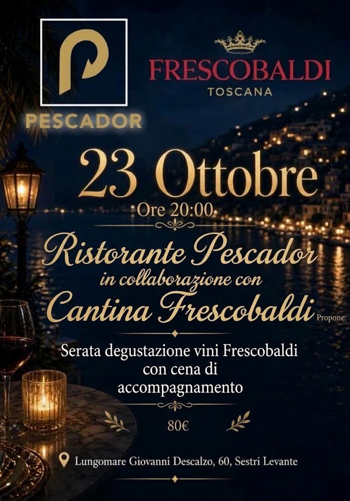 Locandina cena degustazione Cantina Frescobaldi, Pescador Sestri Levante, 23 ottobre 2026, ore 20:00